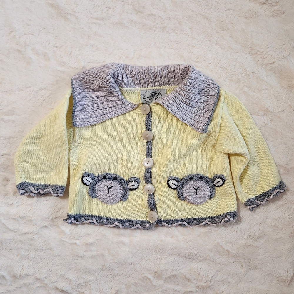 Zackali 4 Kids Vintage Knit Cardigan Monkey Sweater, 100% Cotton, Size 18M